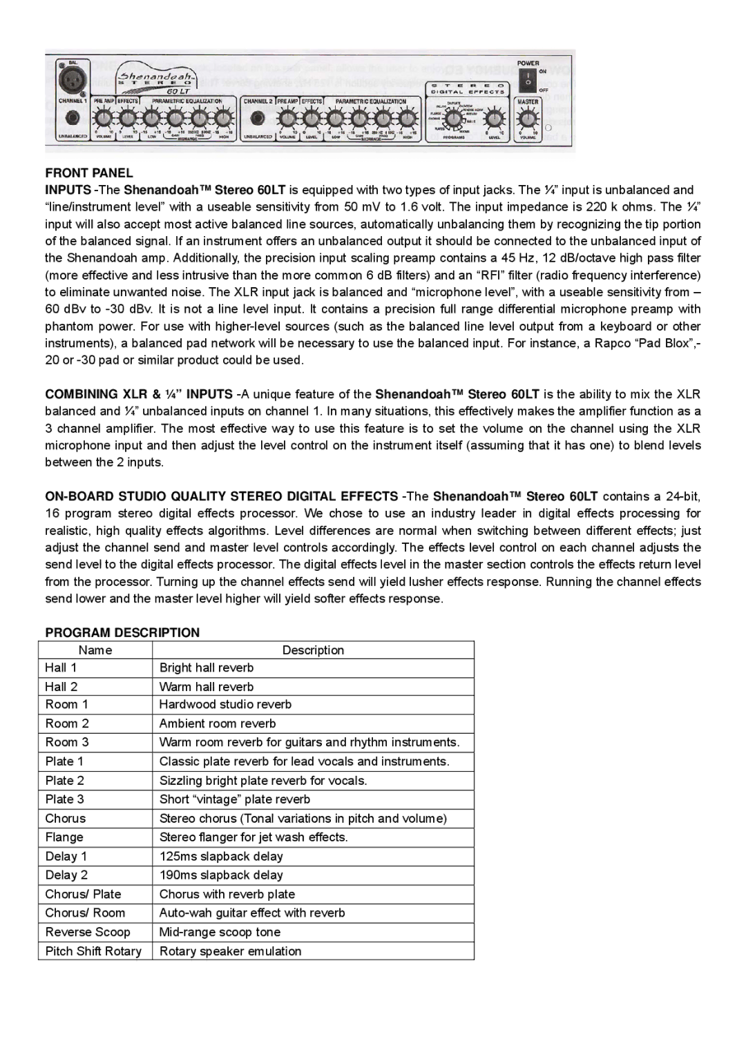 Genz-Benz 60LT owner manual Front Panel, Program Description 