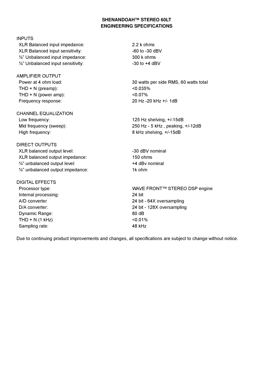 Genz-Benz owner manual Shenandoah Stereo 60LT, Engineering Specifications 