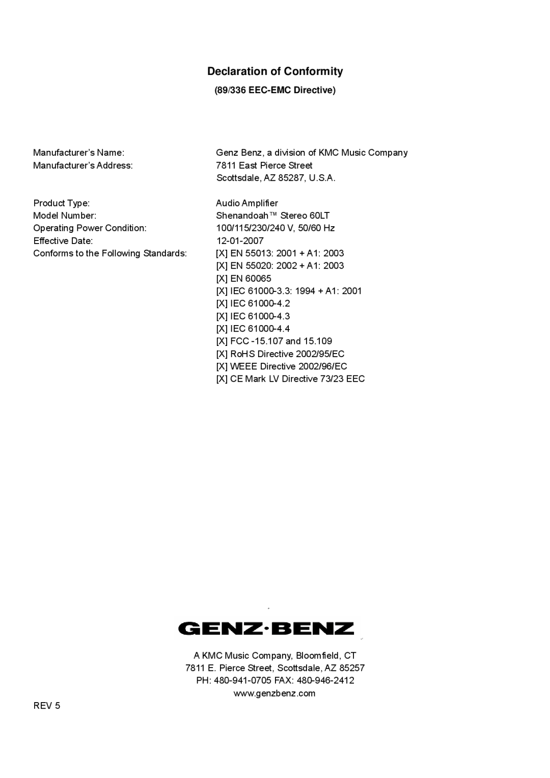 Genz-Benz 60LT owner manual Declaration of Conformity 