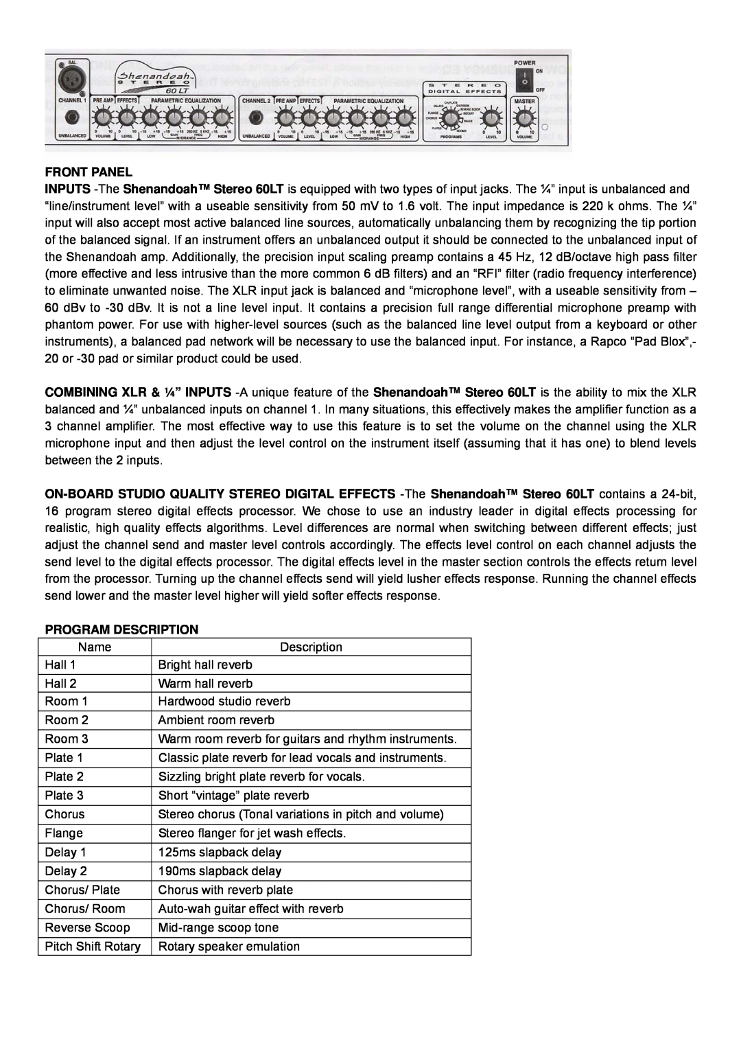 Genz-Benz 60LT owner manual Front Panel, Program Description 