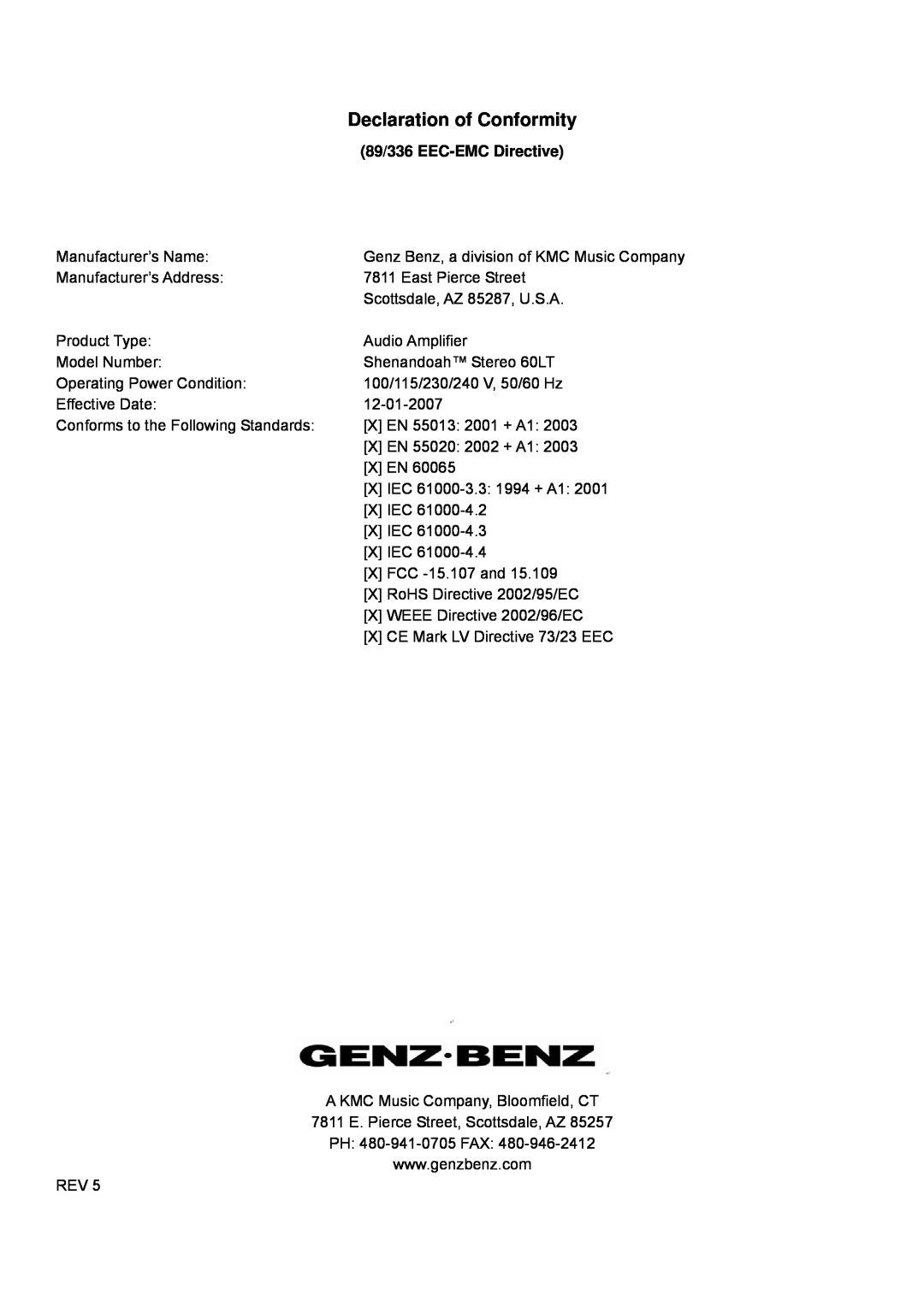 Genz-Benz 60LT owner manual Declaration of Conformity, 89/336 EEC-EMCDirective 