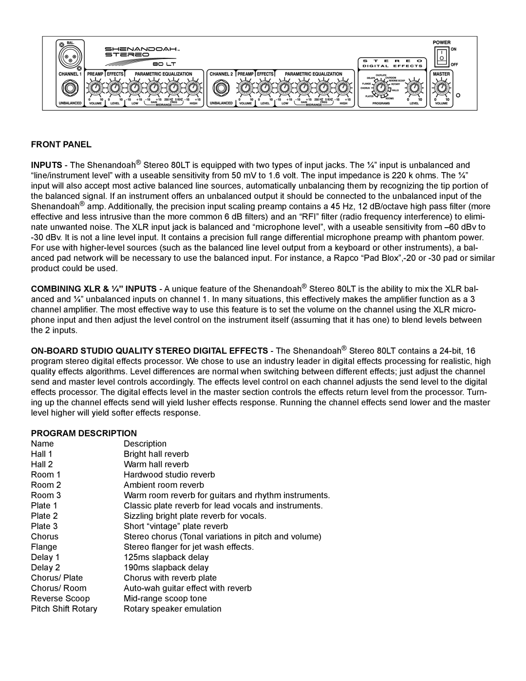 Genz-Benz 80 LT owner manual Front Panel, Program Description 