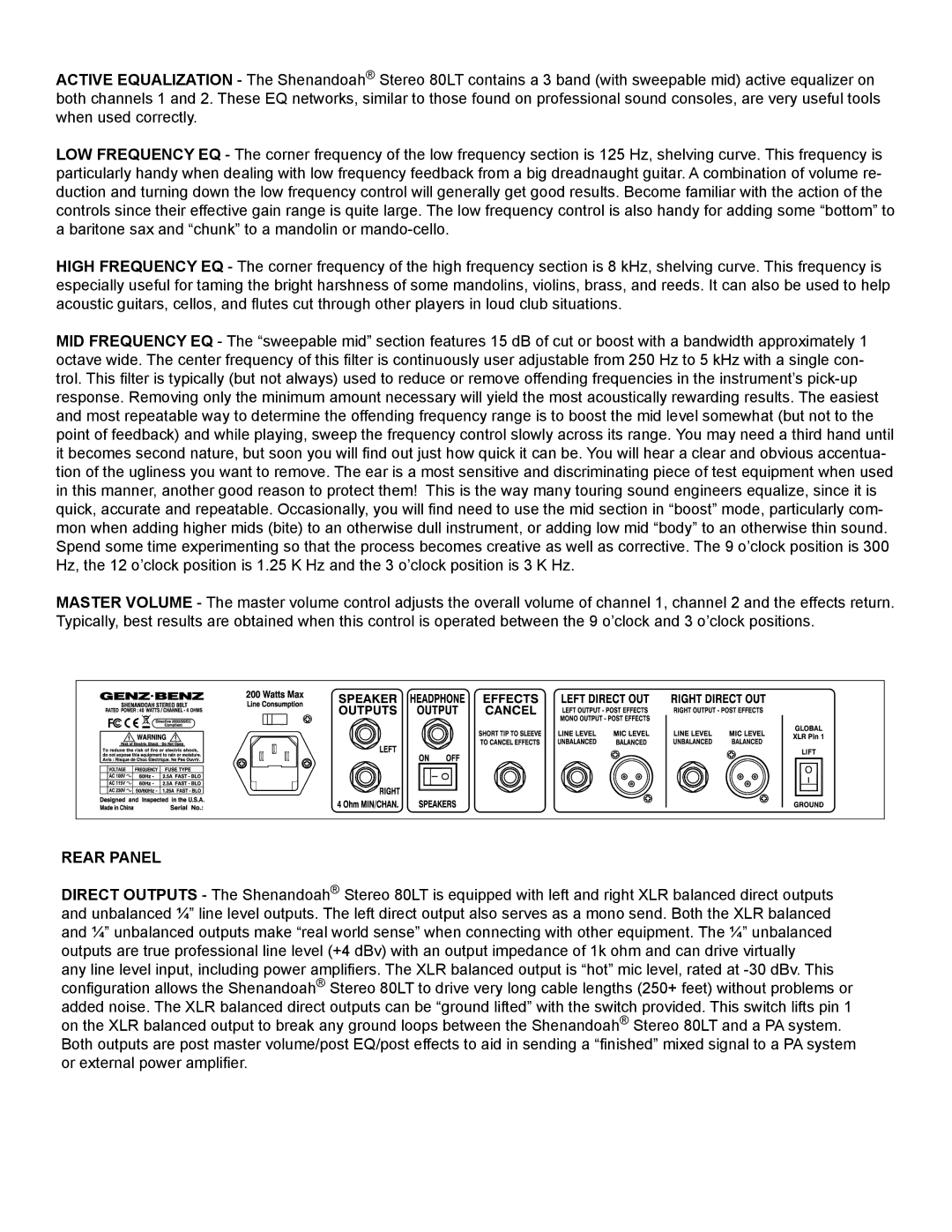 Genz-Benz 80 LT owner manual Rear Panel 