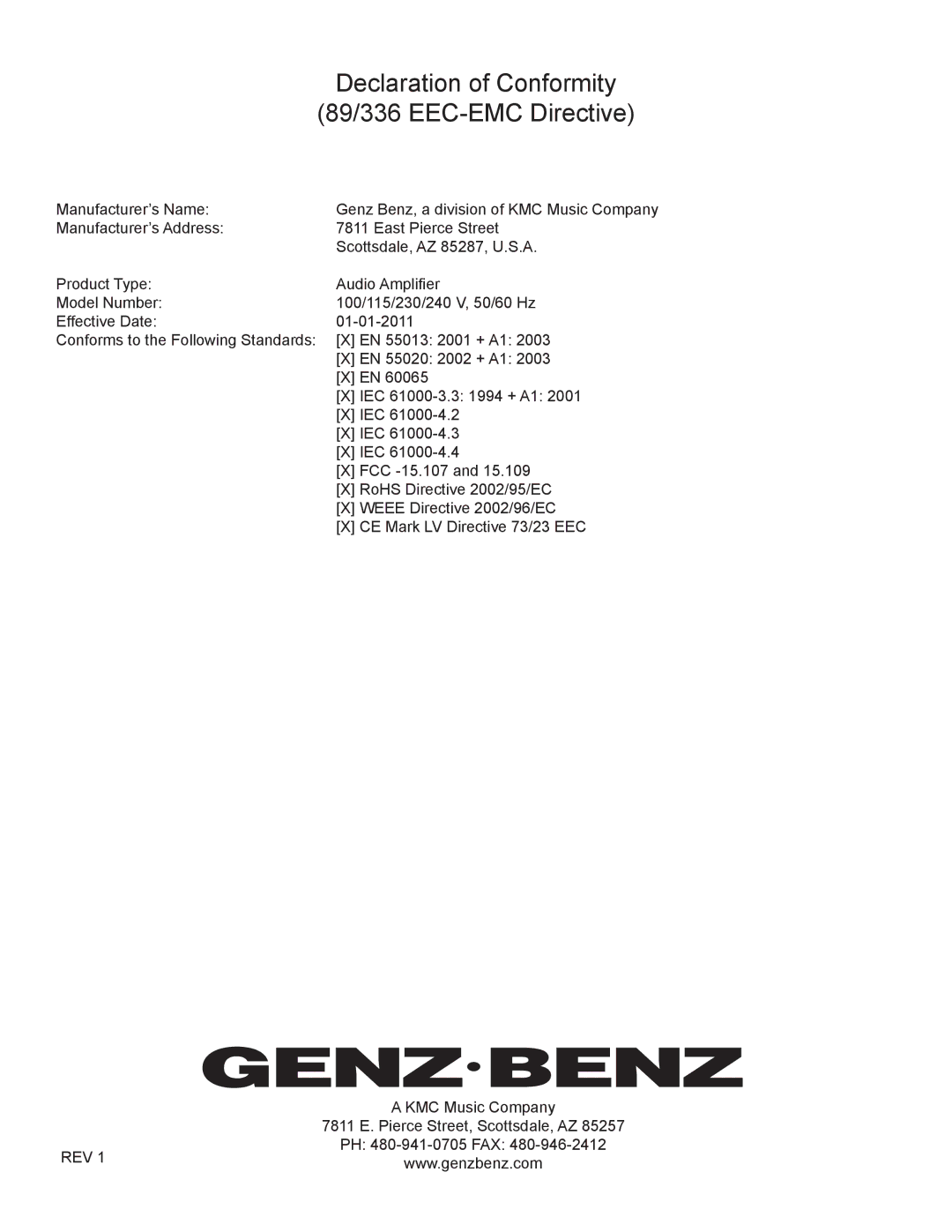 Genz-Benz 80 LT owner manual Declaration of Conformity 89/336 EEC-EMC Directive 