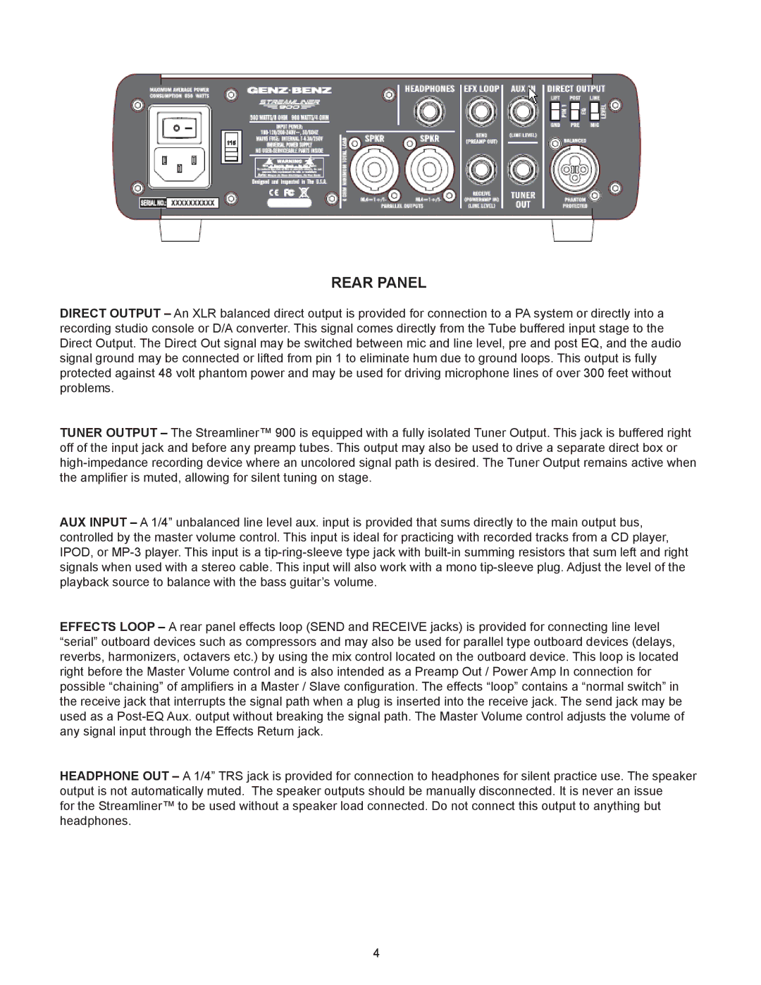 Genz-Benz 900 owner manual Rear Panel 