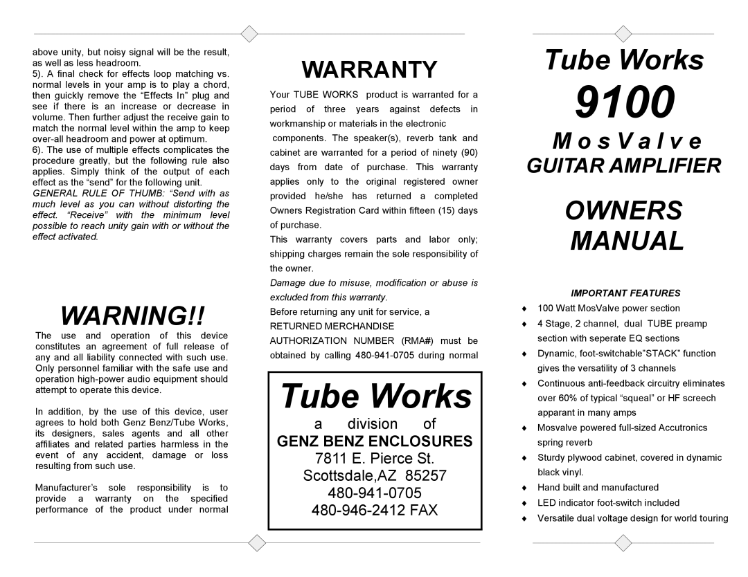 Genz-Benz 9100 MosValve warranty Owners Manual, Warranty, Genz Benz Enclosures, Important Features 