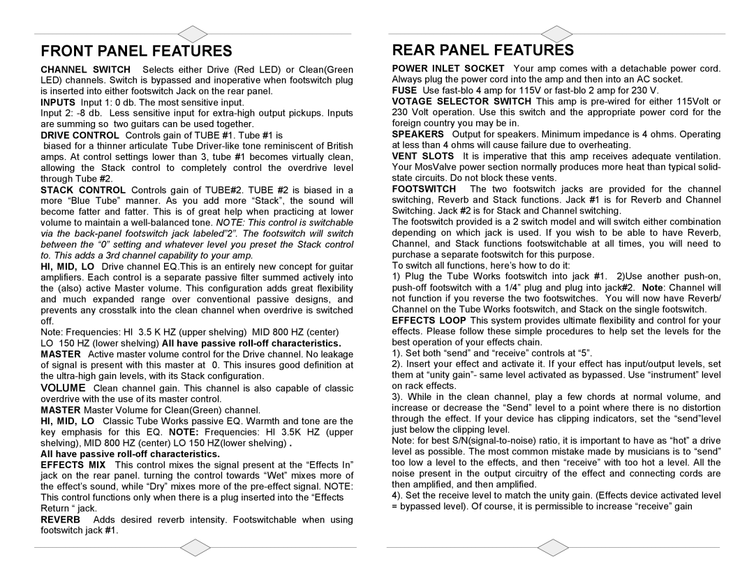 Genz-Benz 9100 MosValve warranty Front Panel Features, Rear Panel Features, All have passive roll-off characteristics 