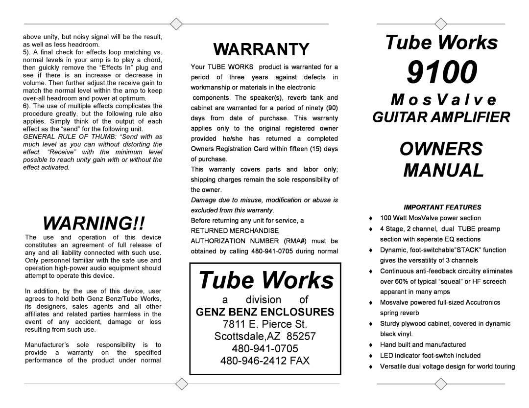 Genz-Benz 9100 MosValve warranty Genz Benz Enclosures, Tube Works, Warranty, M o s V a l v e, Guitar Amplifier 