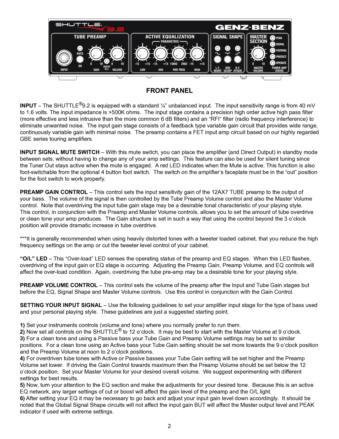 Genz-Benz 9.2 owner manual Front Panel 