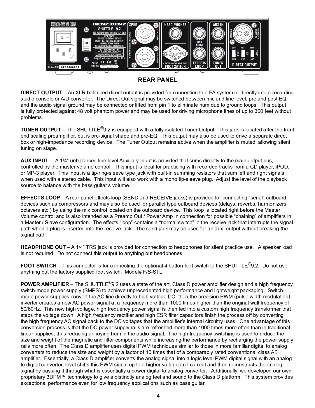 Genz-Benz 9.2 owner manual Rear Panel 