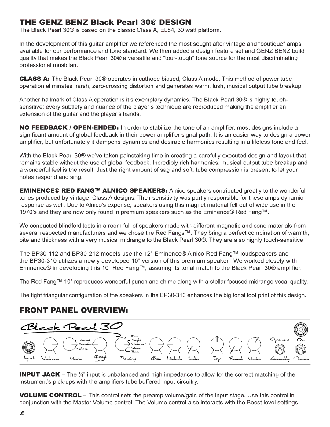 Genz-Benz BP30 owner manual Genz Benz Black Pearl 30 Design, Front Panel Overview 