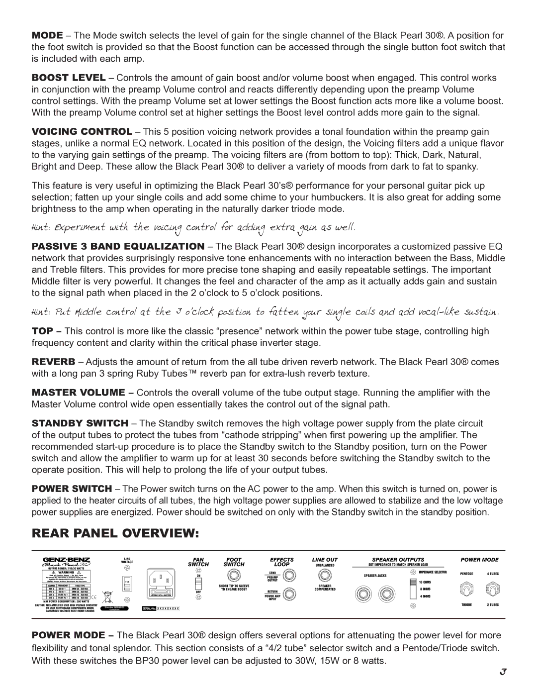 Genz-Benz BP30 owner manual Rear Panel Overview 