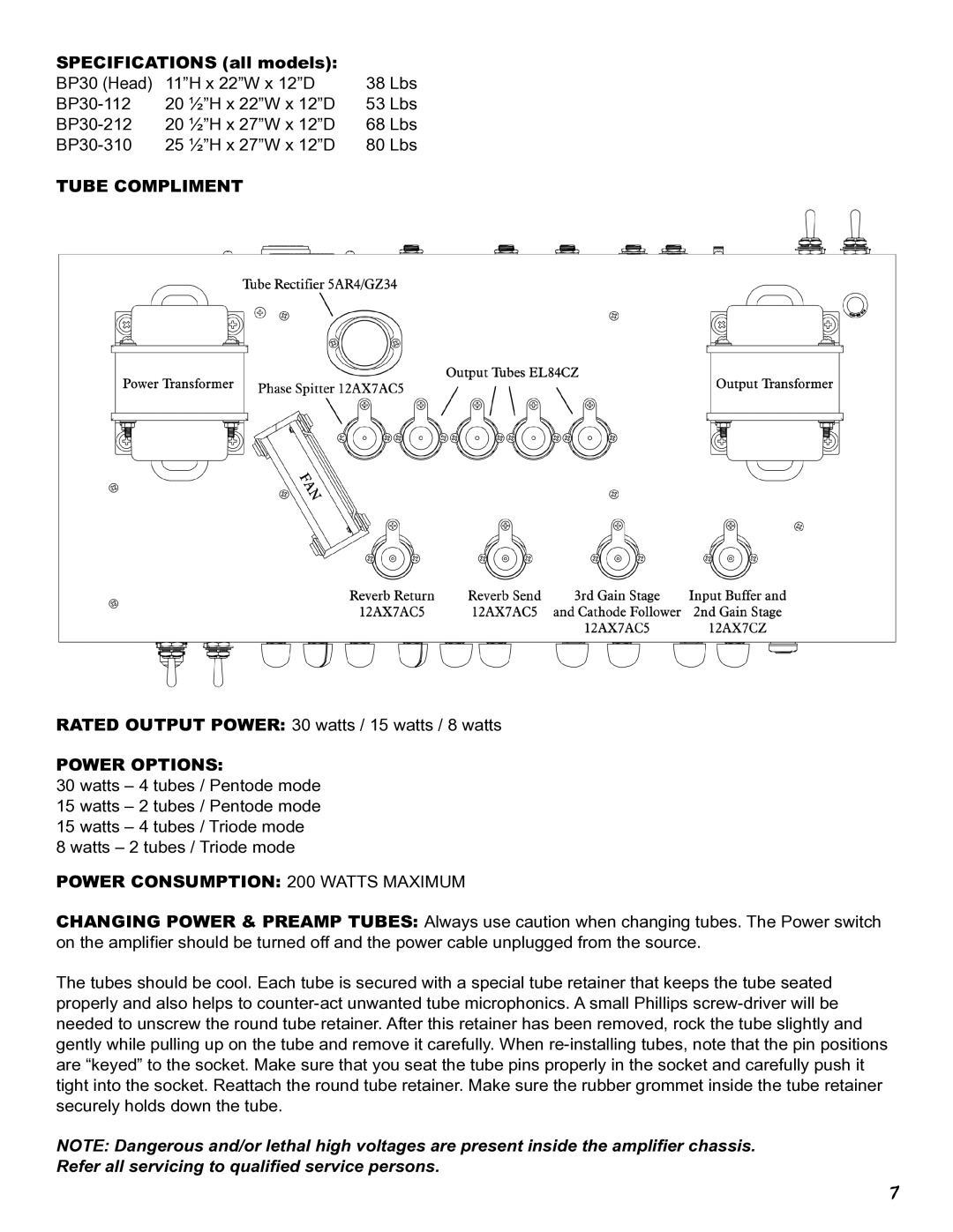 Genz-Benz BP30 owner manual Specifications all models, Tube Compliment, Power options, Power Consumption 200 Watts Maximum 