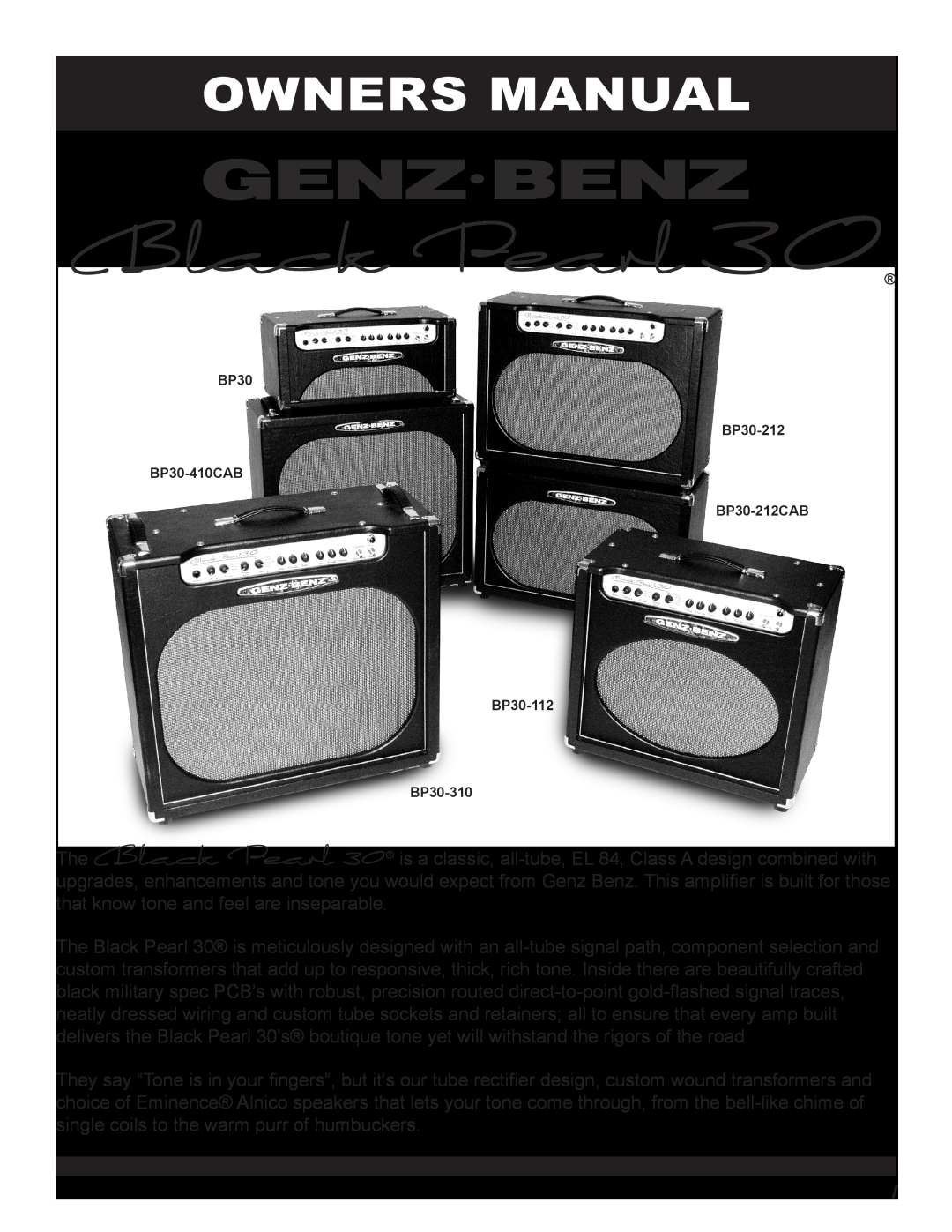 Genz-Benz owner manual Owners Manual, BP30 BP30-212 BP30-410CAB BP30-212CAB BP30-112 BP30-310 