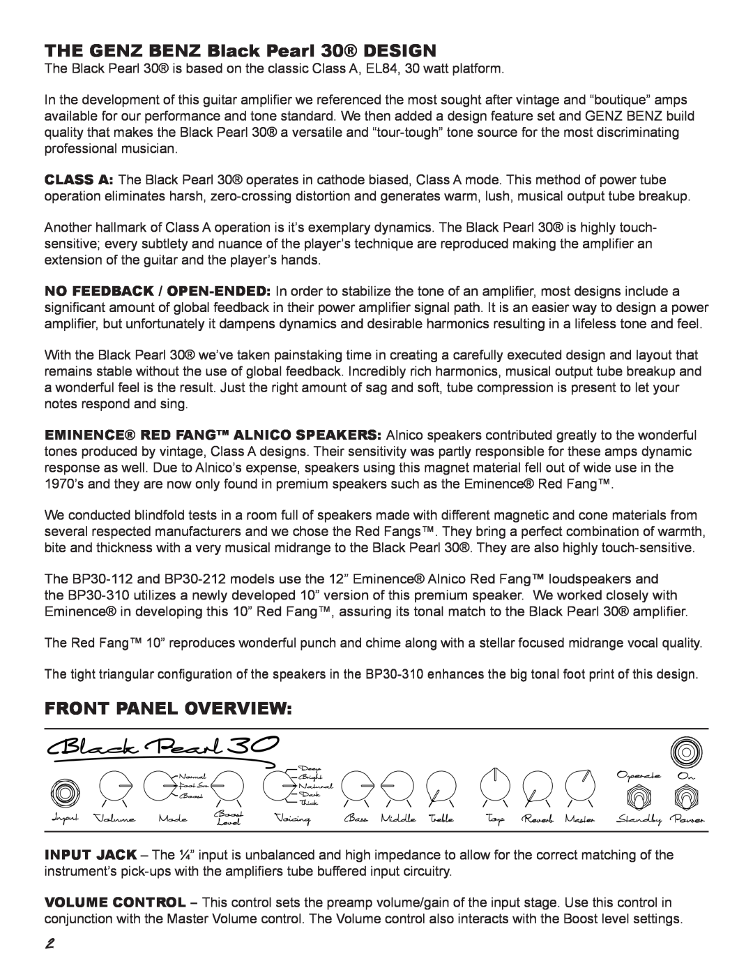Genz-Benz BP30 owner manual THE GENZ BENZ Black Pearl 30 DESIGN, Front Panel Overview 