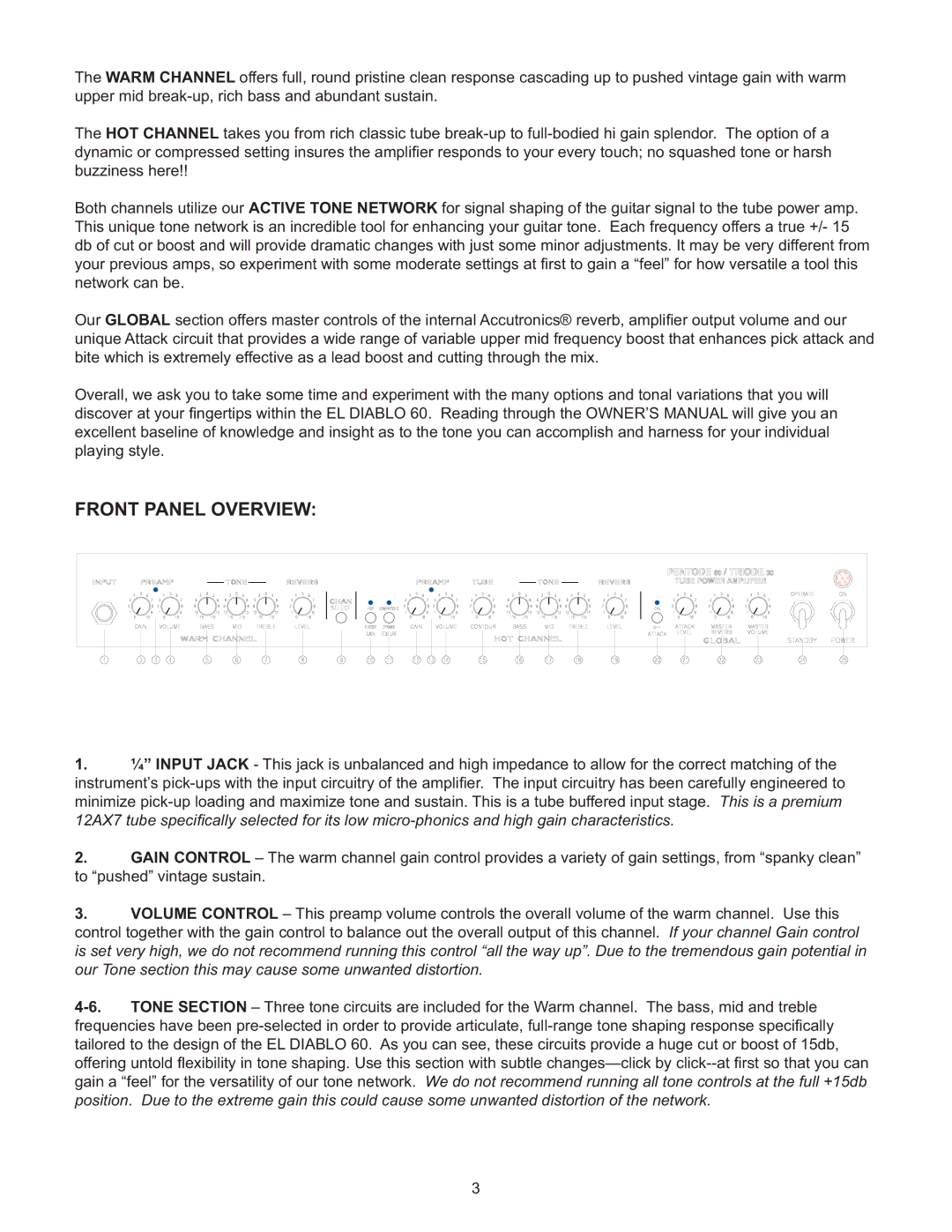 Genz-Benz EL DIABLO 60 owner manual Front Panel Overview 