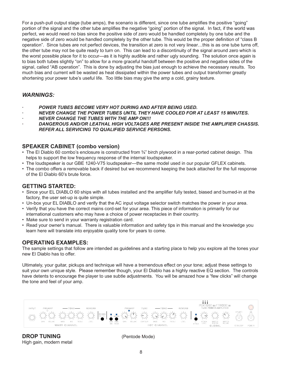 Genz-Benz EL DIABLO 60 owner manual Speaker Cabinet combo version, Getting Started, Operating Examples, Drop Tuning 