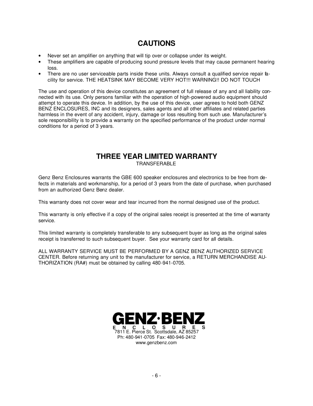 Genz-Benz GBE 600 technical manual Three Year Limited Warranty, Transferable 