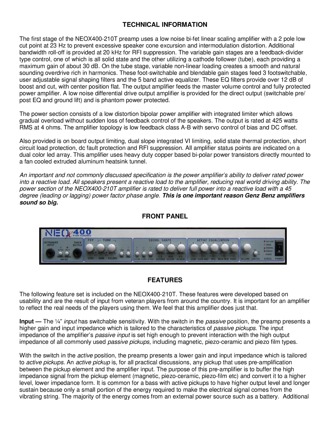 Genz-Benz NEOX400-210T owner manual Technical Information, Front Panel Features 