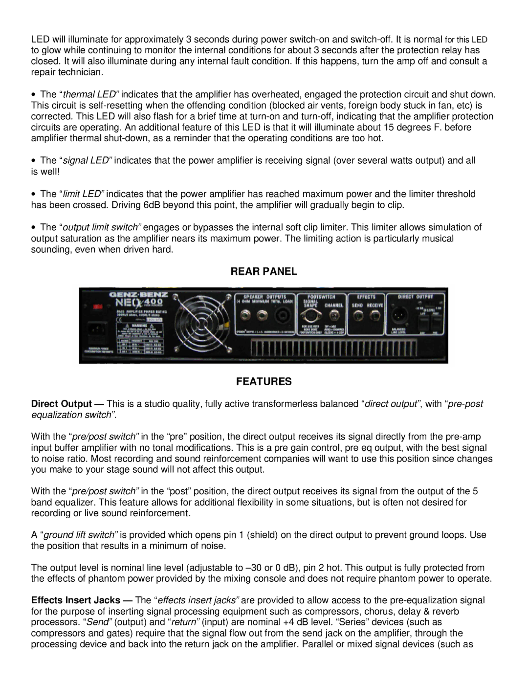 Genz-Benz NEOX400-210T owner manual Rear Panel Features 