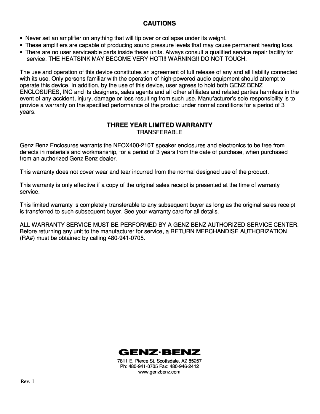 Genz-Benz NEOX400-210T owner manual Cautions, Three Year Limited Warranty 