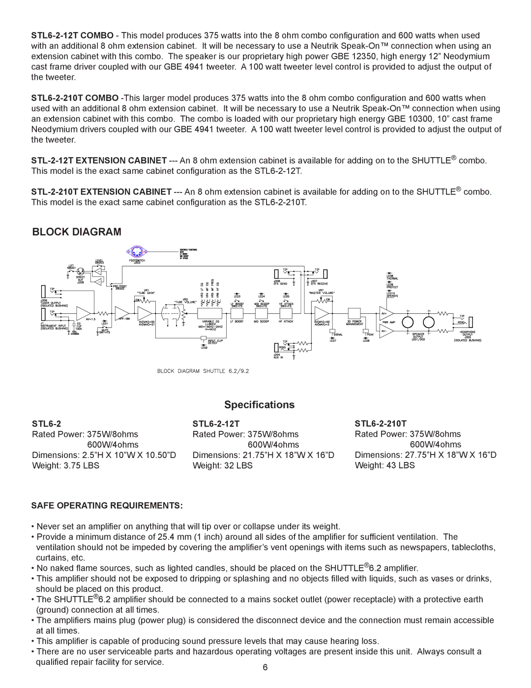 Genz-Benz owner manual Specifications, STL6-2 STL6-2-12T STL6-2-210T, Safe Operating Requirements 