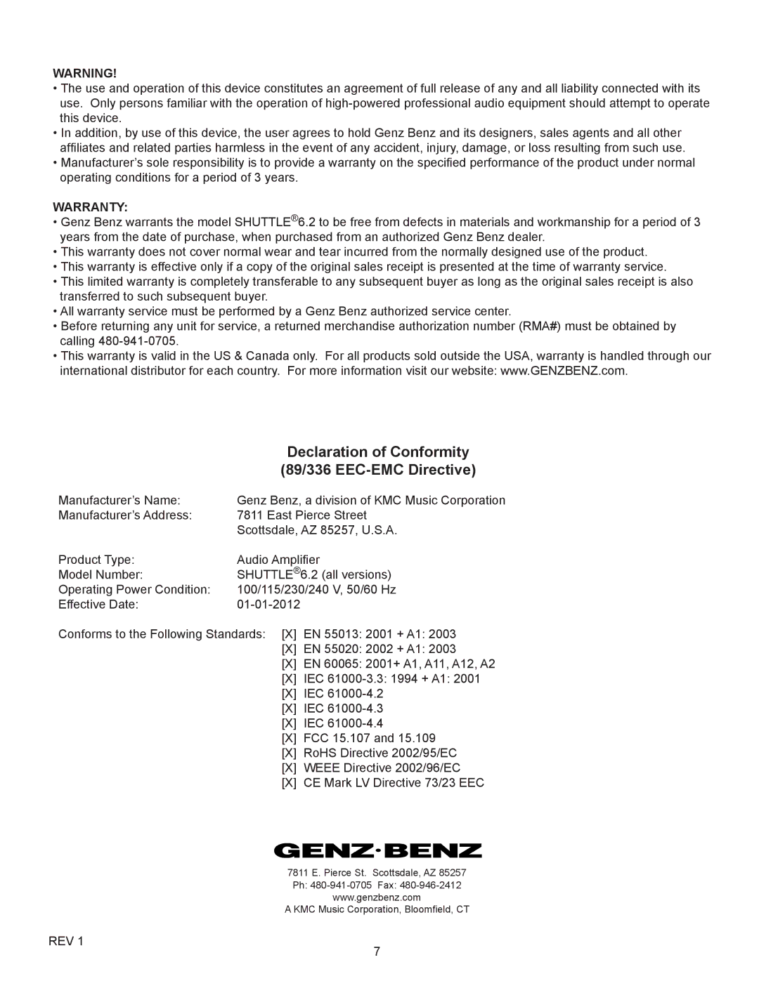 Genz-Benz STL6-2-210T, STL6-2-12T owner manual Declaration of Conformity, 89/336 EEC-EMC Directive, Warranty 