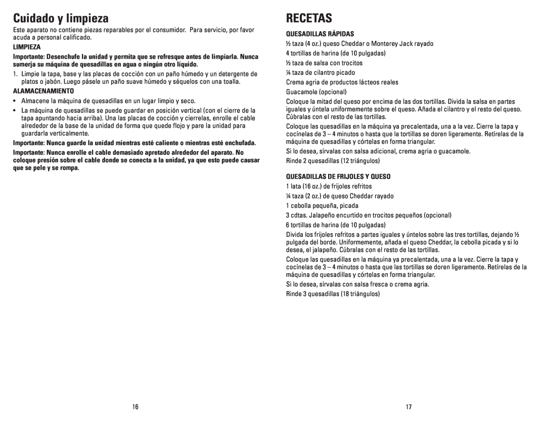 George Foreman GFQ001 manual Cuidado y limpieza, Recetas, Limpieza, Alamacenamiento, Quesadillas Rápidas 