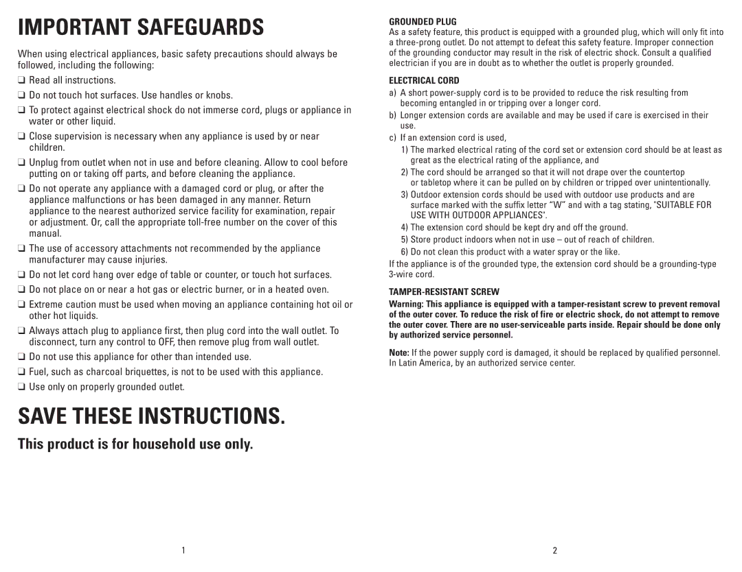 George Foreman GGR201RCDSQ manual Important Safeguards 