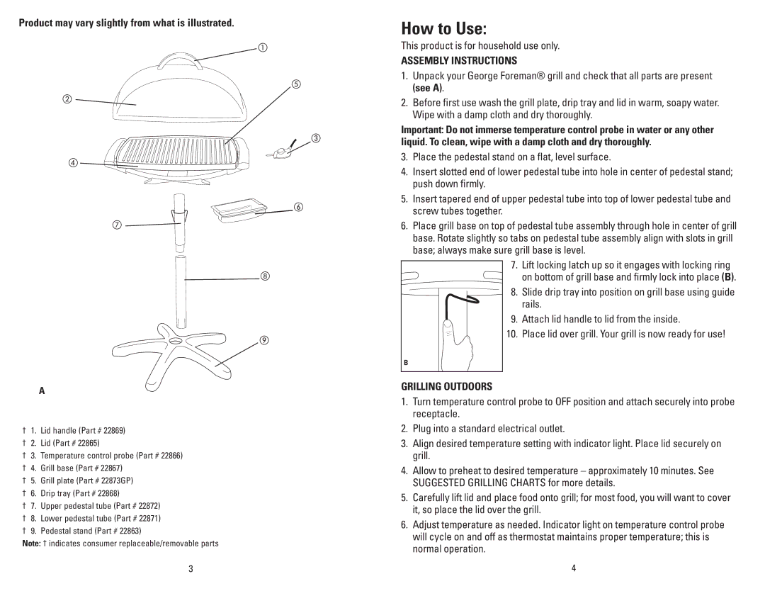 George Foreman GGR201RCDSQ manual How to Use, Product may vary slightly from what is illustrated, Assembly Instructions 