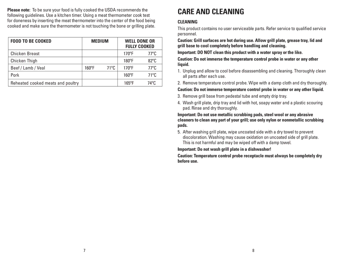 George Foreman GGR201RCDSQ manual Care and Cleaning, Food to be Cooked Medium, 165ºF 74ºC 