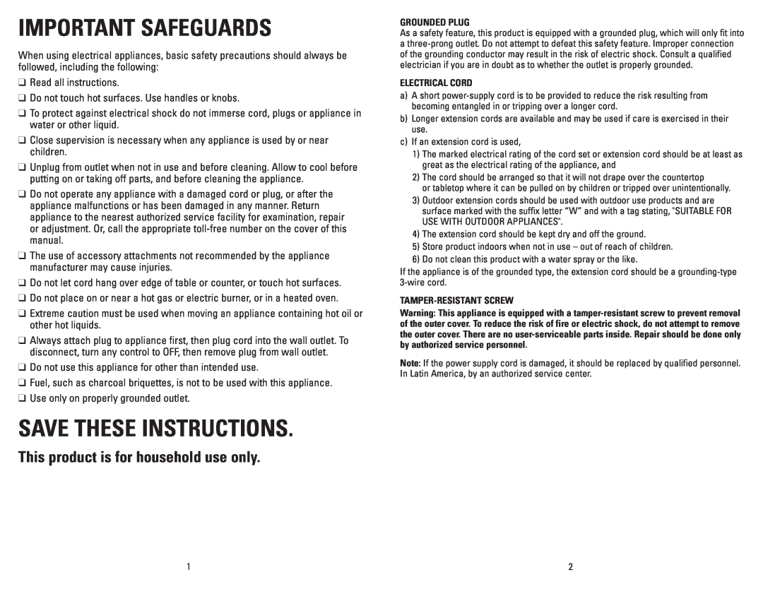 George Foreman GGR201RCDSQ manual Important Safeguards, Save These Instructions, This product is for household use only 