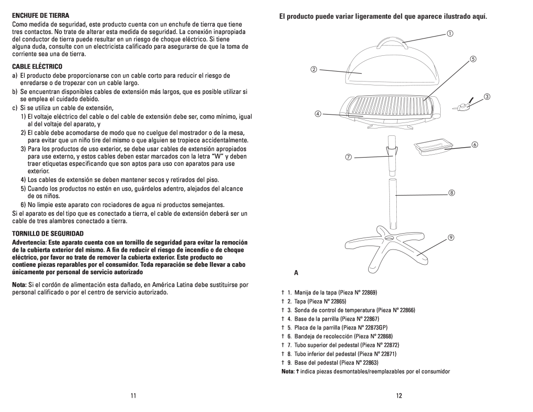 George Foreman GGR201RCDSQ manual Enchufe De Tierra, Cable Eléctrico, Tornillo De Seguridad 