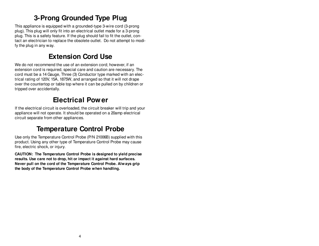 George Foreman GGR57 owner manual Prong Grounded Type Plug, Extension Cord Use, Electrical Power, Temperature Control Probe 