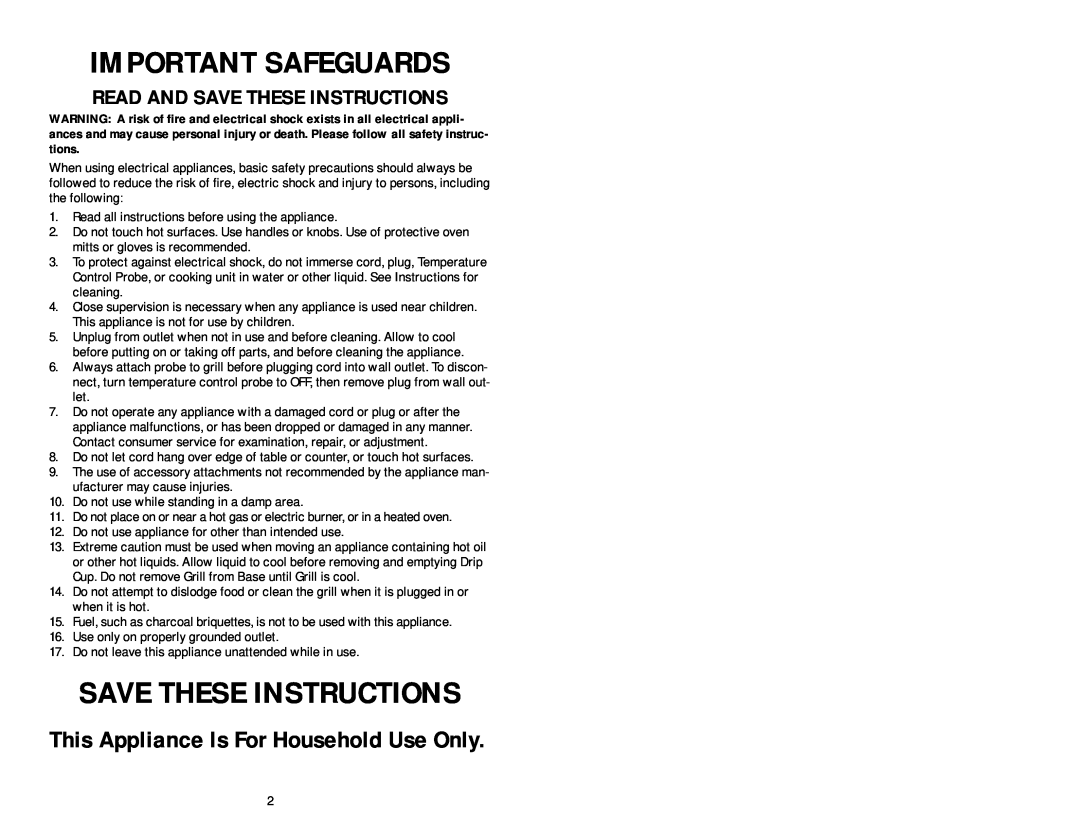 George Foreman GGR57 Read And Save These Instructions, Important Safeguards, This Appliance Is For Household Use Only 