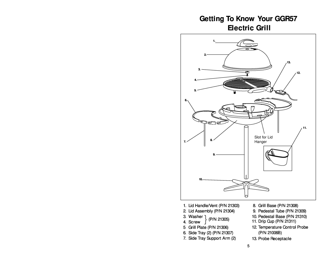 George Foreman Getting To Know Your GGR57 Electric Grill, Lid Handle/Vent P/N, Pedestal Tube P/N, Washer, Slot for Lid 