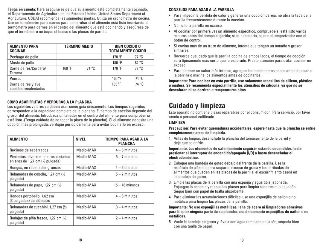 George Foreman GLP80VQ manual Cuidado y limpieza 