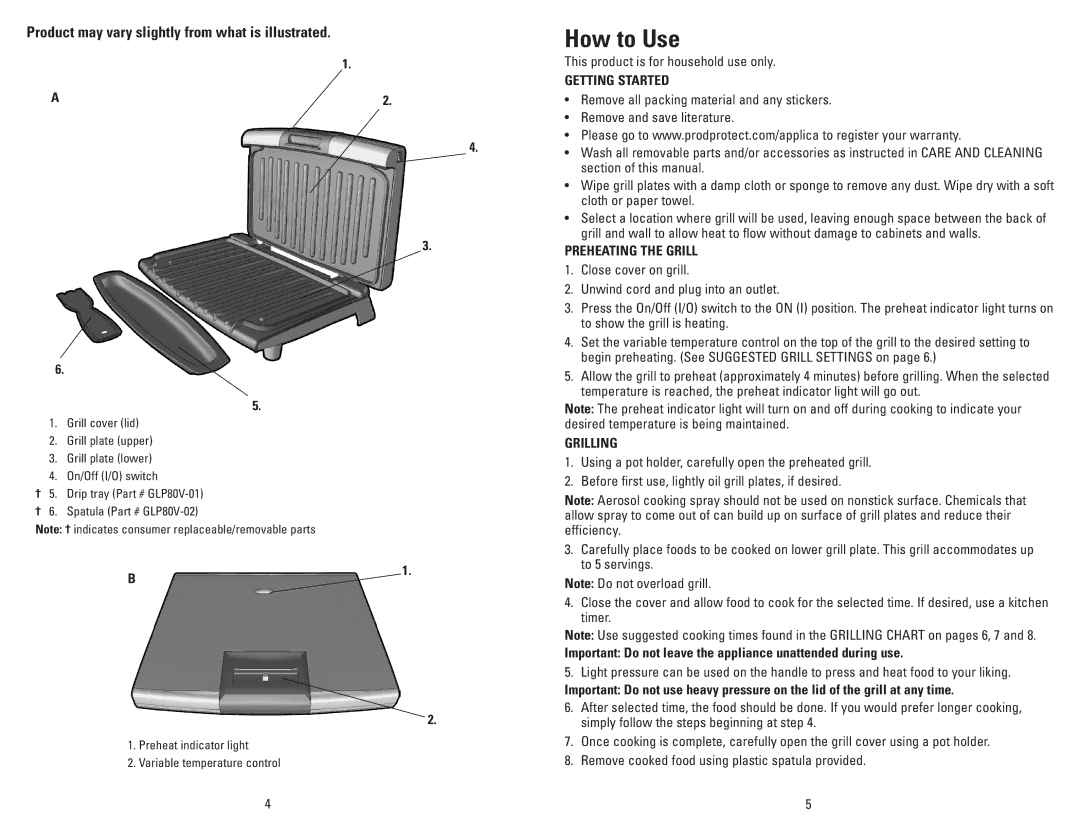 George Foreman GLP80VQ manual How to Use, Getting Started, Preheating the Grill, Grilling 