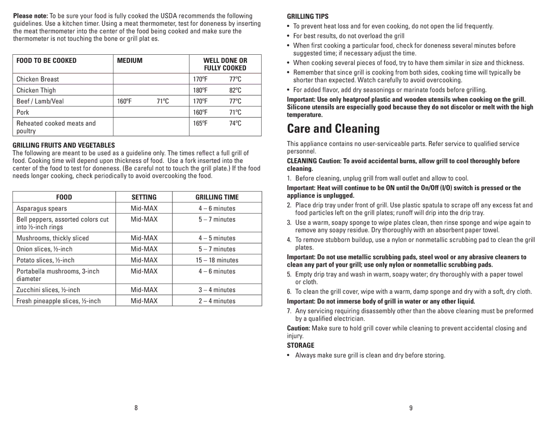 George Foreman GLP80VQ manual Care and Cleaning 