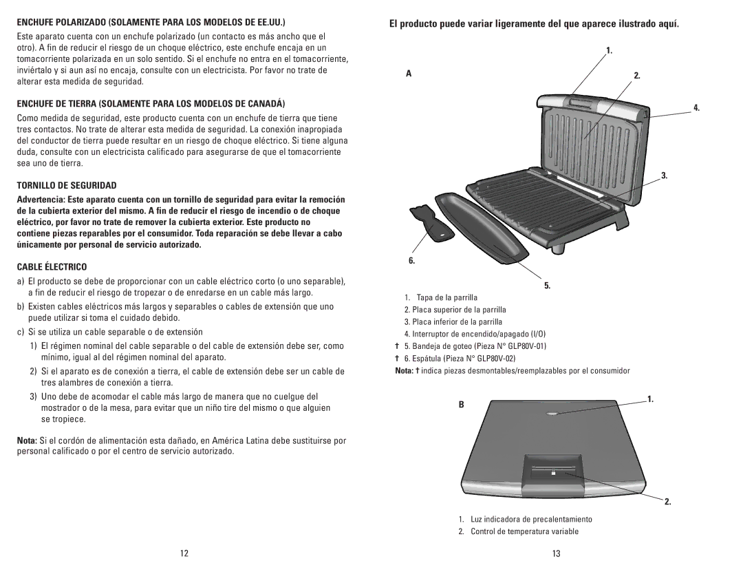 George Foreman GLP80V manual Enchufe Polarizado Solamente Para LOS Modelos DE EE.UU, Tornillo DE Seguridad, Cable Électrico 