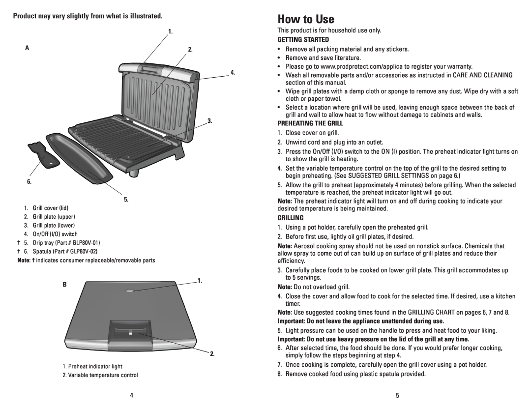 George Foreman GLP80VQ manual How to Use, Product may vary slightly from what is illustrated 