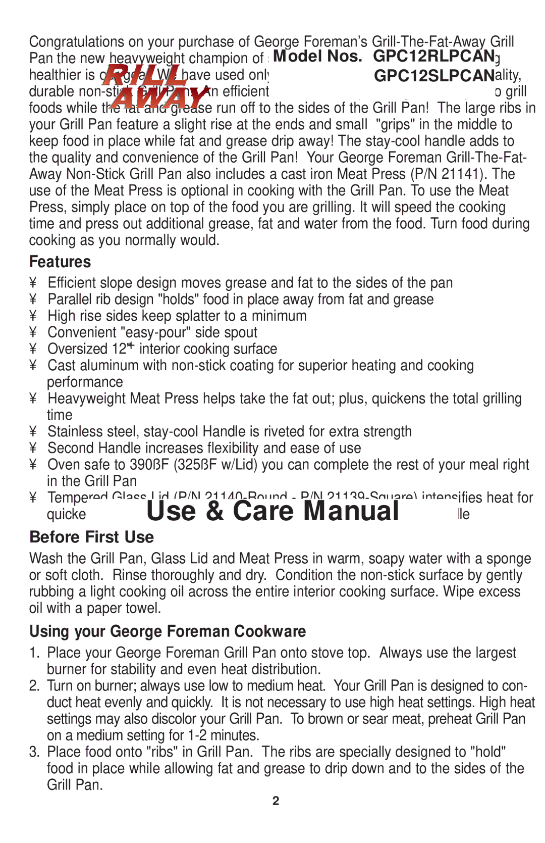 George Foreman GPC12SLPCAN, GPC12RLPCAN manual Features 