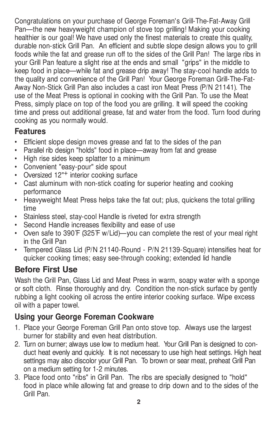 George Foreman GPC12SLPCAN, GPC12RLPCAN manual Features, Before First Use, Using your George Foreman Cookware 