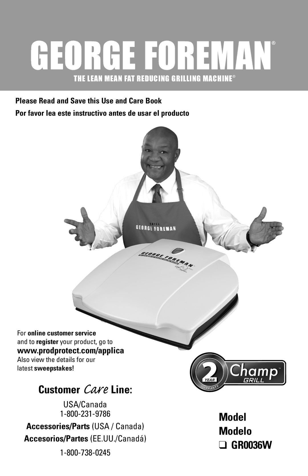 George Foreman GR0036W manual Customer Care Line 