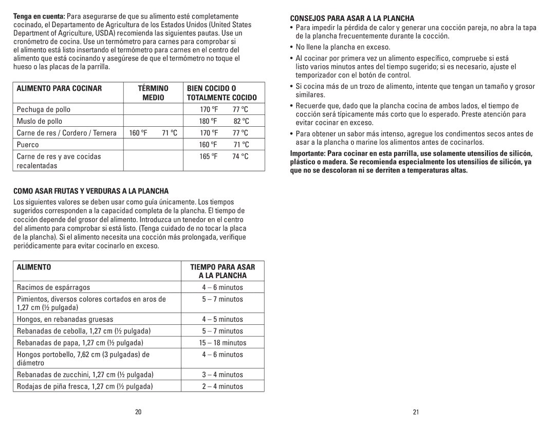George Foreman GR0036W manual Alimento Para Cocinar Término Bien Cocido O, Como Asar Frutas Y Verduras a LA Plancha 