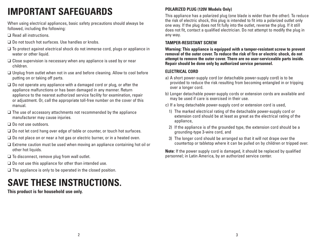 George Foreman GR0036W manual Polarized Plug 120V Models Only, TAMPER-RESISTANT Screw Electrical Cord 