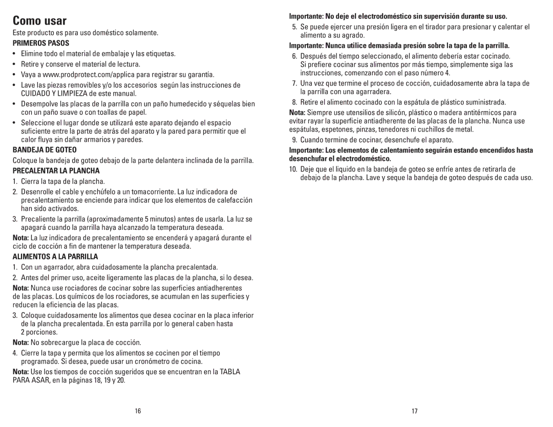 George Foreman GR0036W manual Como usar, Primeros Pasos, Bandeja DE Goteo, Precalentar LA Plancha, Alimentos a LA Parrilla 