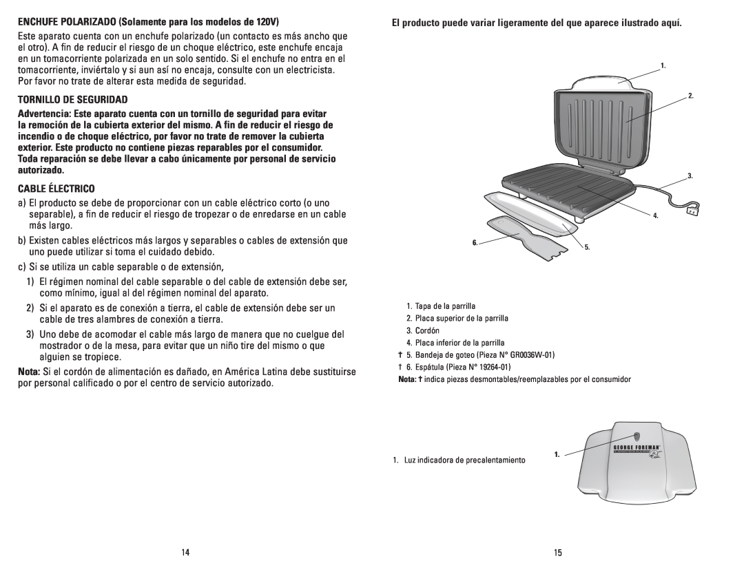 George Foreman GR0036W manual ENCHUFE POLARIZADO Solamente para los modelos de, Tornillo De Seguridad, Cable Électrico 
