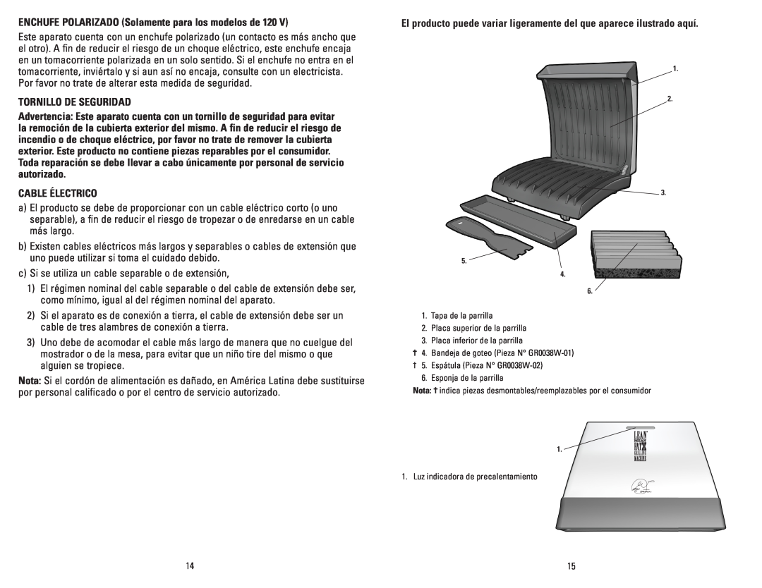 George Foreman GR0038W manual Tornillo De Seguridad, Cable Électrico 