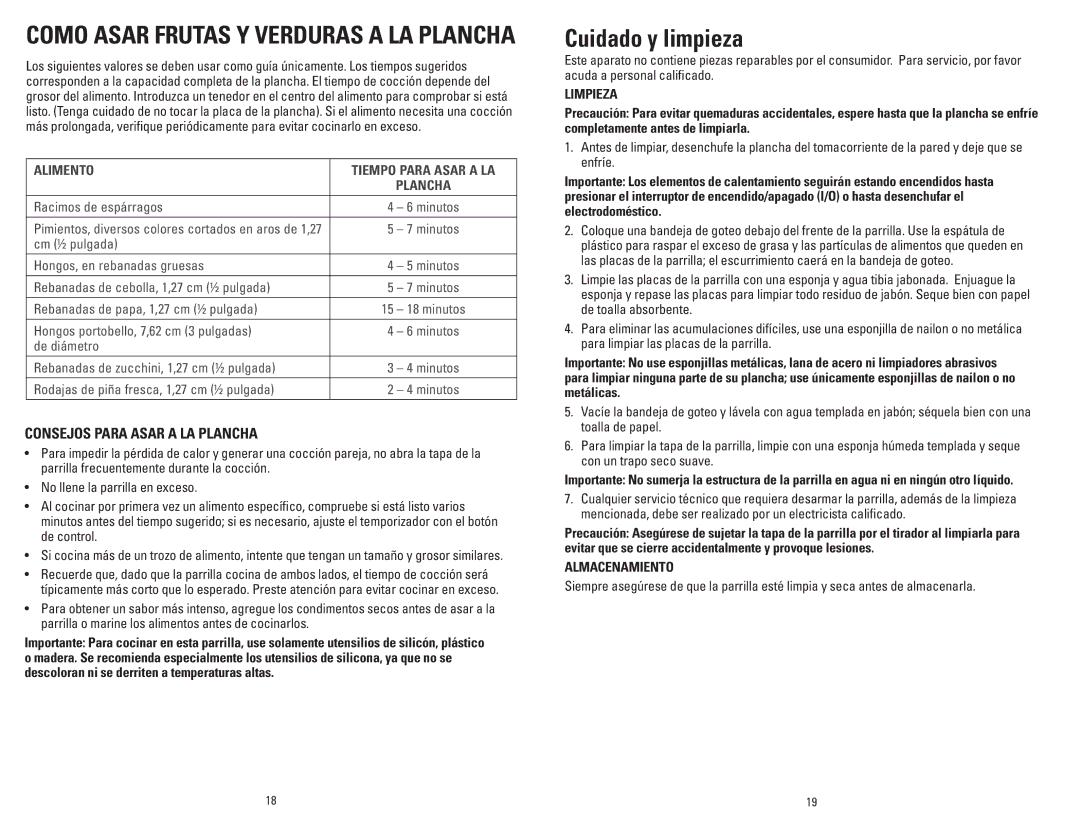 George Foreman GR0060W manual Cuidado y limpieza, Consejos Para Asar a LA Plancha, Limpieza, Almacenamiento 